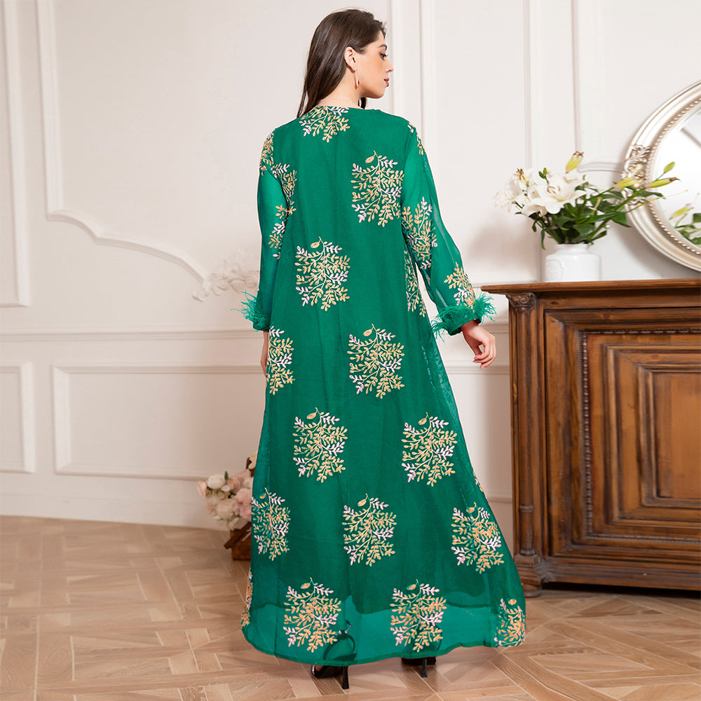 Charming Banquet Style Round Neck Printing Embroidery Regular Sleeve Kaftan