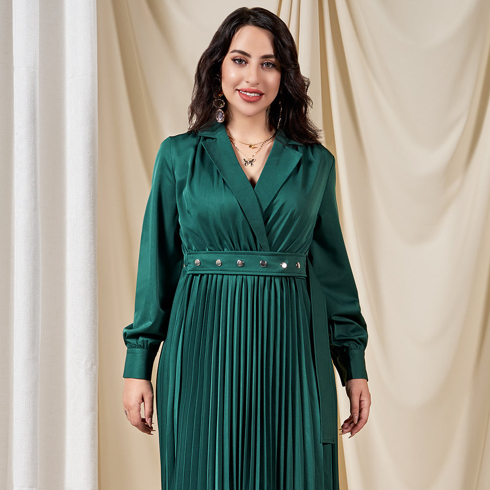 Dignified Style Suit Collar Solid Color Pleated Buttons Shirt Sleeve Mid Dresses