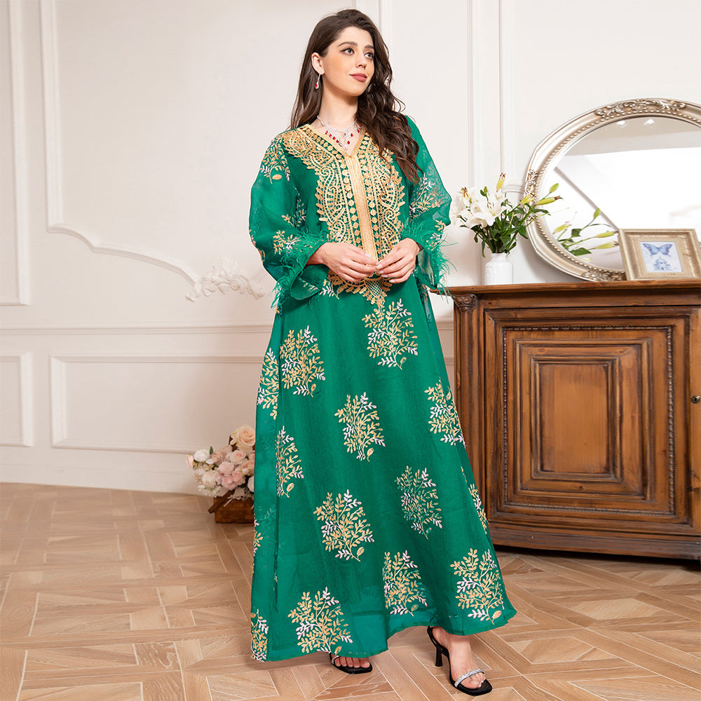 Charming Banquet Style Round Neck Printing Embroidery Regular Sleeve Kaftan