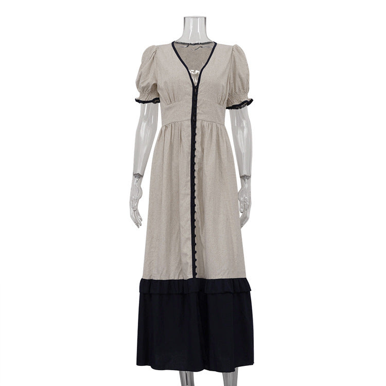 Linen Contrast Color Cardigan Dress