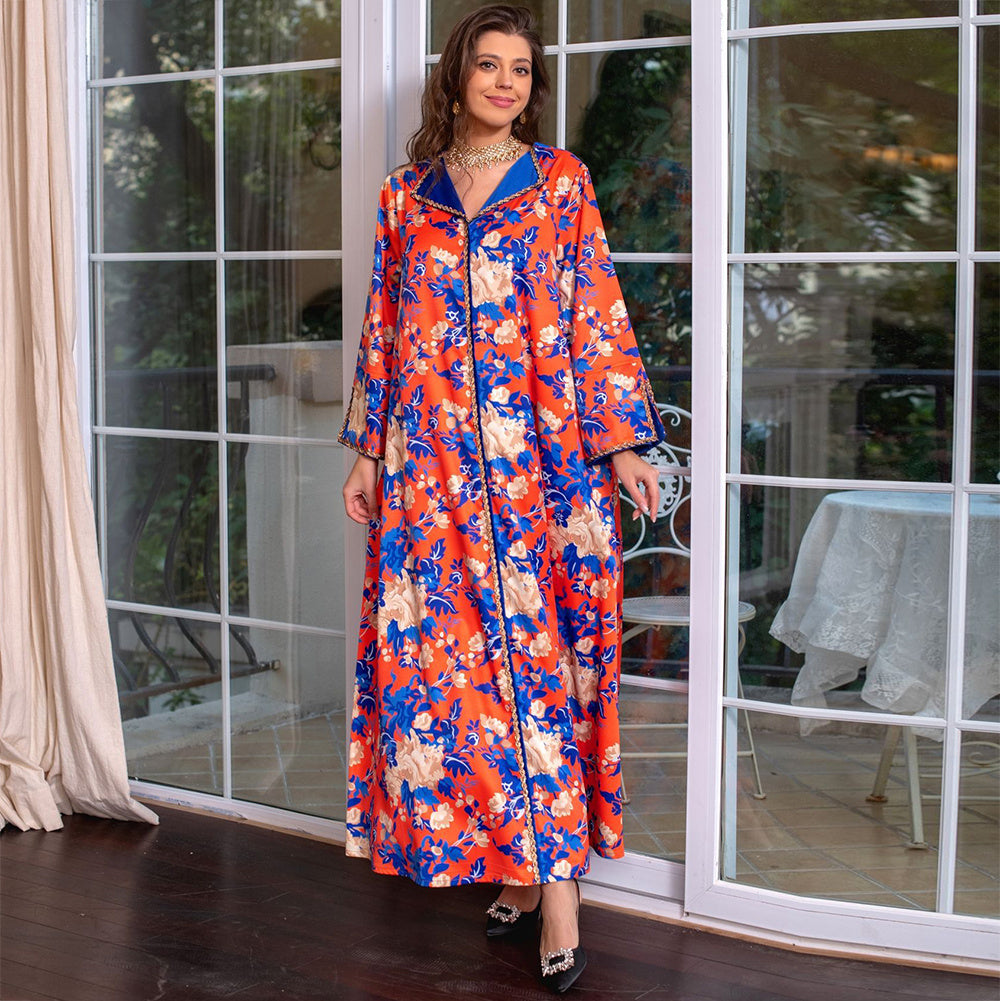 Sweet V-neck Color Contrast Printing Ribbon Splicing Rhinestone Flared Sleeve Kaftan Orange
