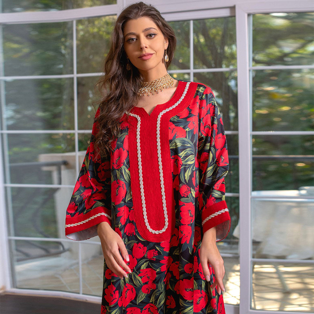 Sweet V-neck Color Contrast Ribbon Splicing Flared Sleeve Kaftan