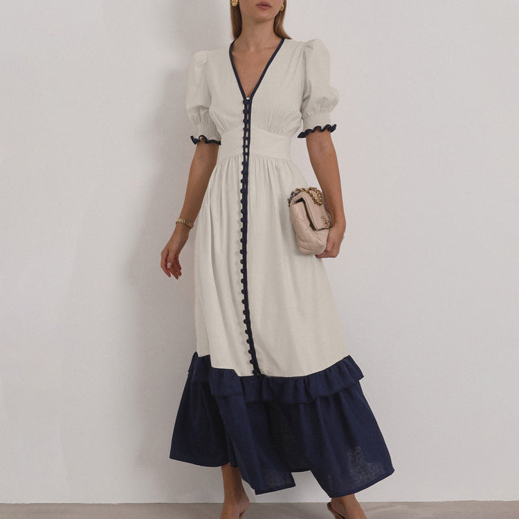 Linen Contrast Color Cardigan Dress