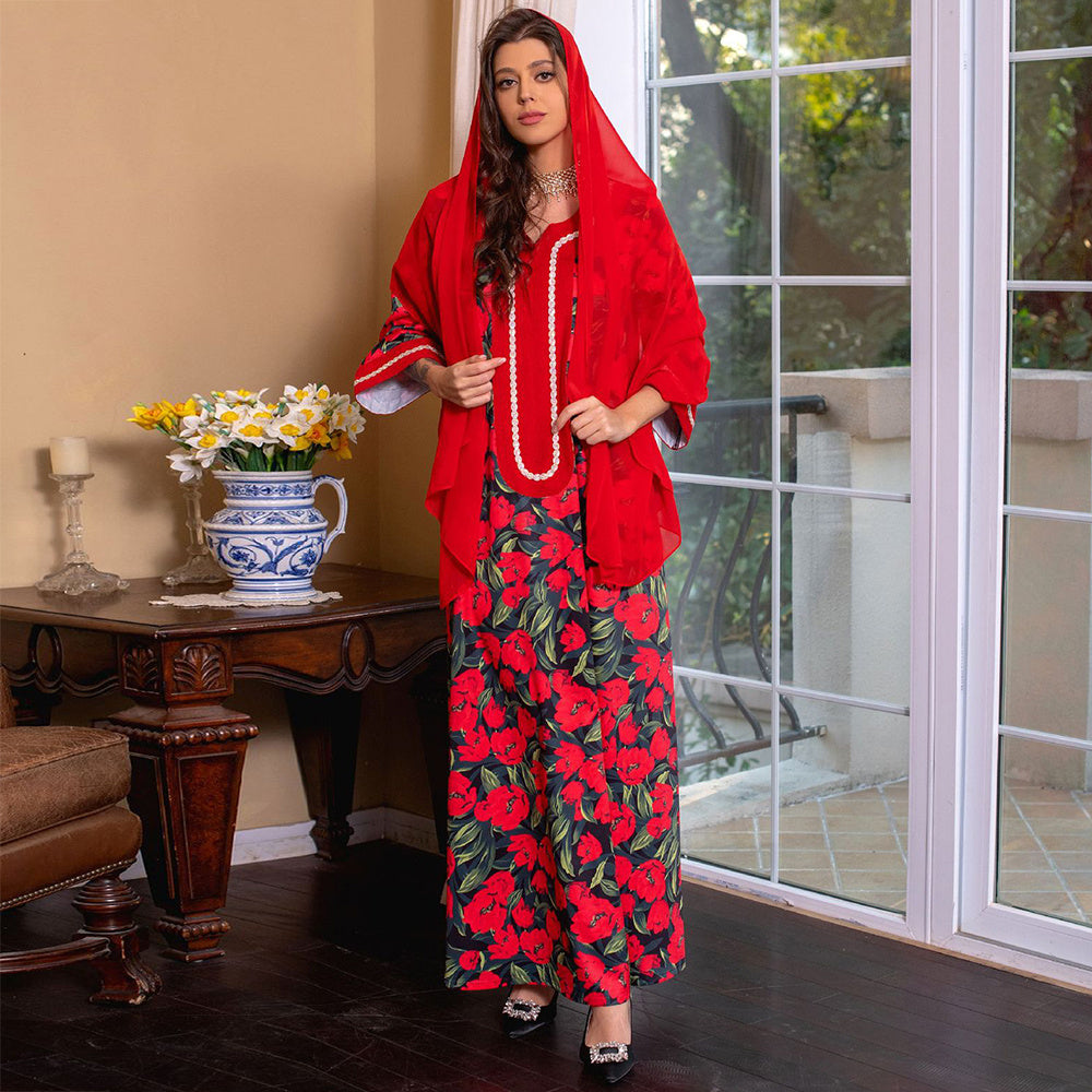 Sweet V-neck Color Contrast Ribbon Splicing Flared Sleeve Kaftan