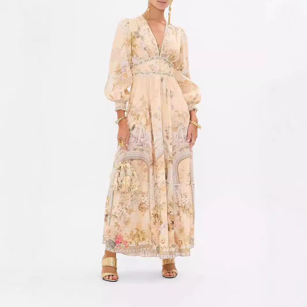 Printed V-neck Long-sleeved Bubble Sleeve Waist Women's Clothing Dress