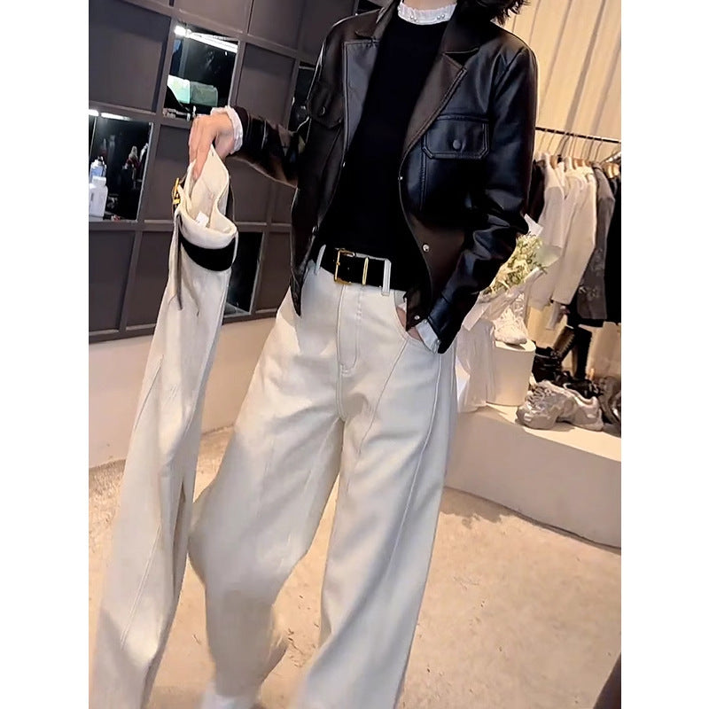 White Scimitar Pants Women's Straight Spring And Autumn New High Waist Pear-shaped Body Loose Casual Narrow Leg Wide Pants