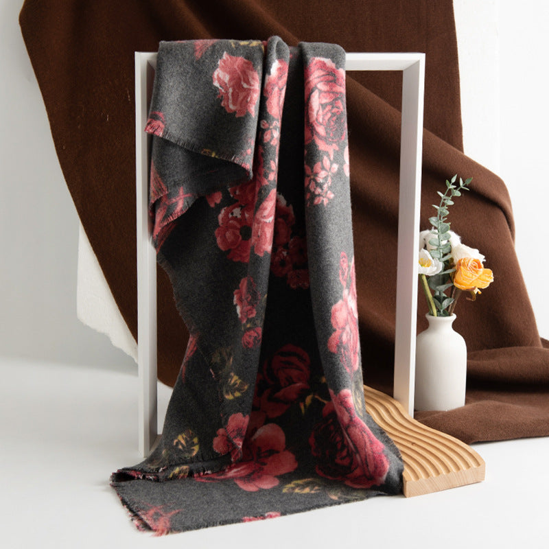Cashmere-like Tassel Shawl Rose Print Cold-proof Warm Scarf
