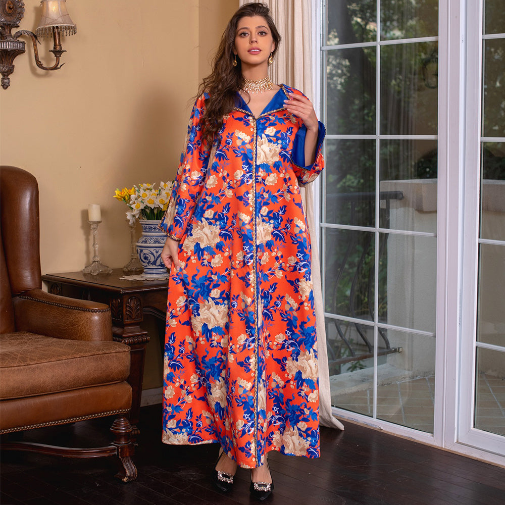 Sweet V-neck Color Contrast Printing Ribbon Splicing Rhinestone Flared Sleeve Kaftan Orange