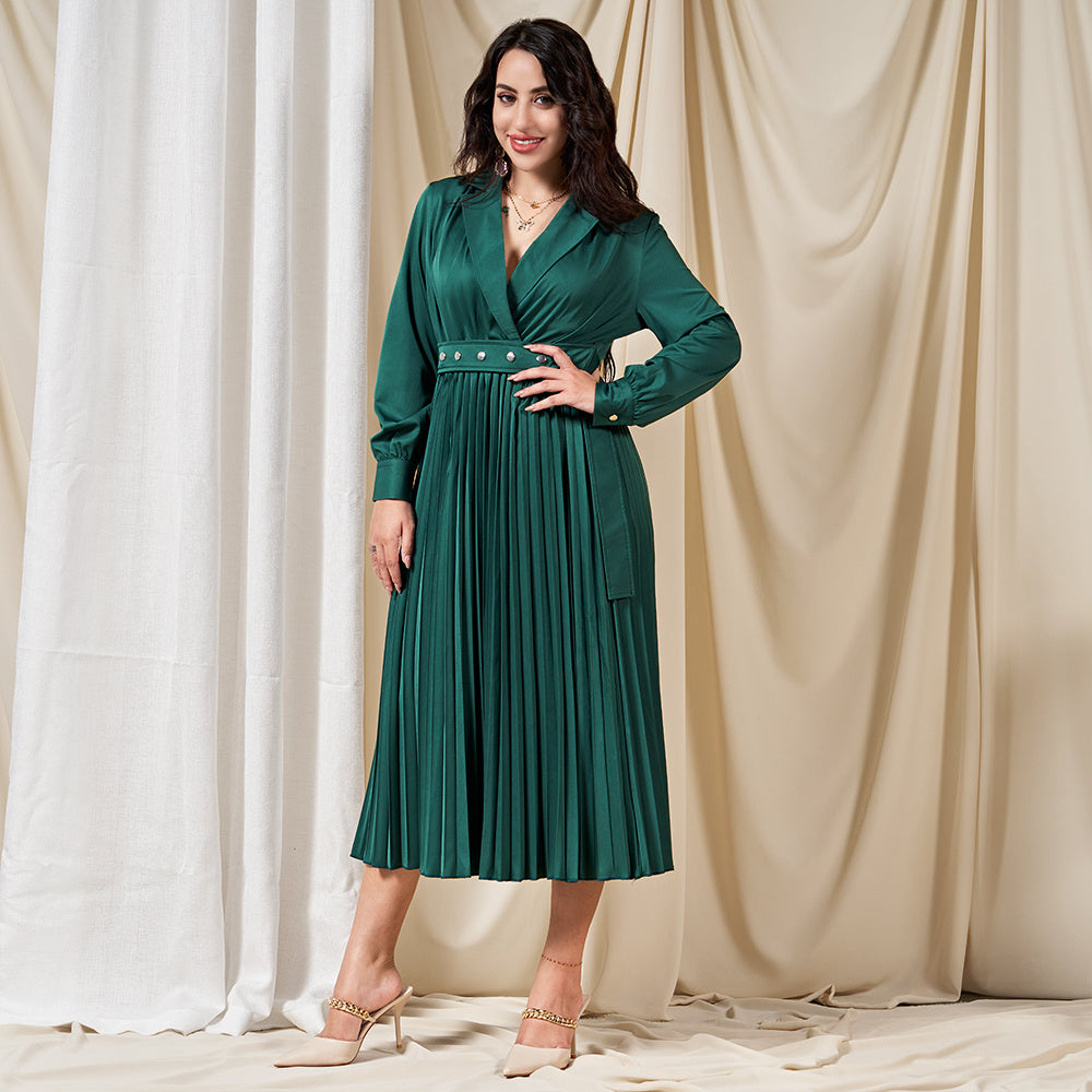 Dignified Style Suit Collar Solid Color Pleated Buttons Shirt Sleeve Mid Dresses