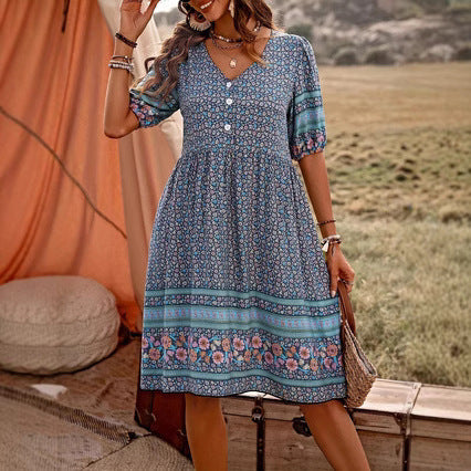 Flower Print Puff Sleeve Button Bohemian Style Dress
