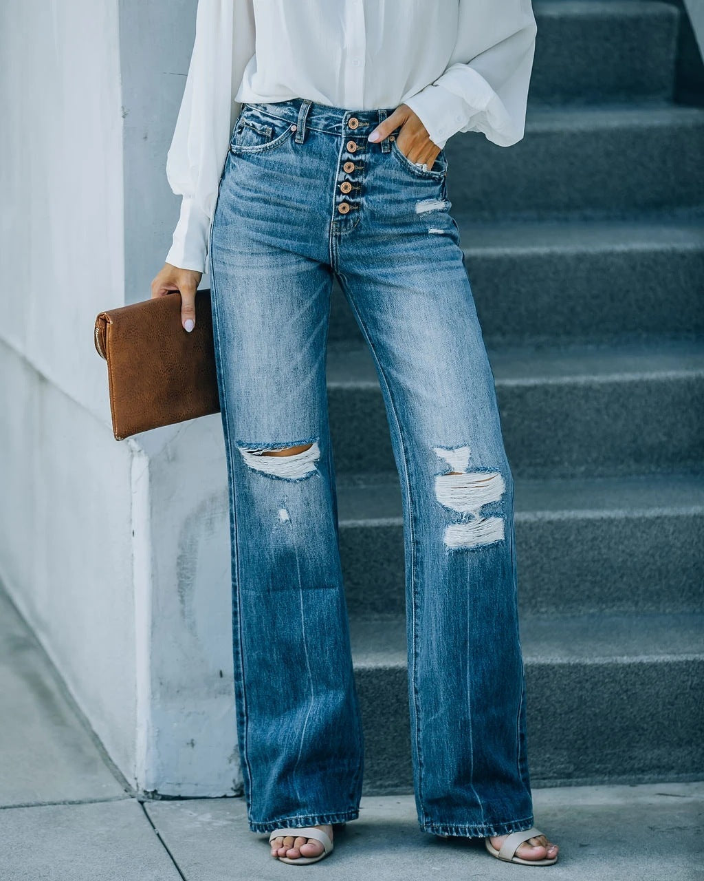 Street Trendsetter Washes Broken Hole Single Breasted Jeans Wide Leg Pants