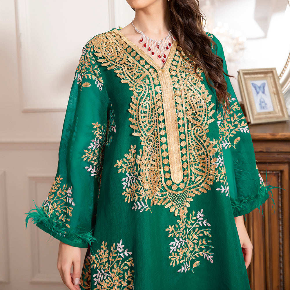 Charming Banquet Style Round Neck Printing Embroidery Regular Sleeve Kaftan