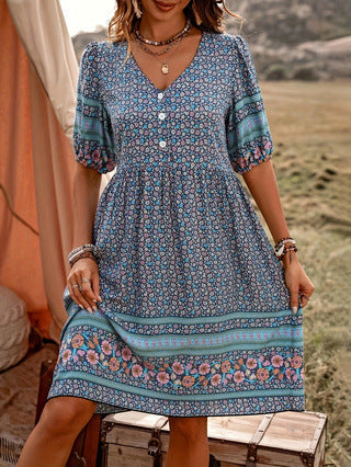 Flower Print Puff Sleeve Button Bohemian Style Dress