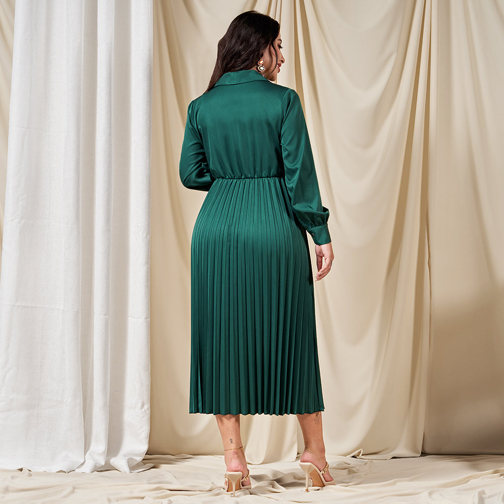 Dignified Style Suit Collar Solid Color Pleated Buttons Shirt Sleeve Mid Dresses