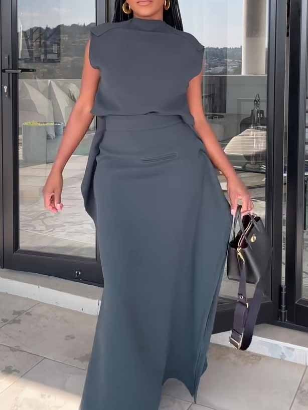 Sleeveless Cropped Top & Slit Skirt Set