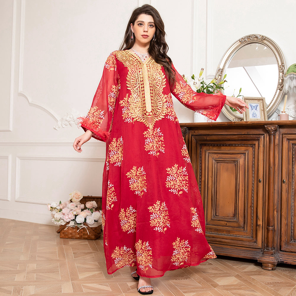 Charming Banquet Style Round Neck Printing Embroidery Regular Sleeve Kaftan