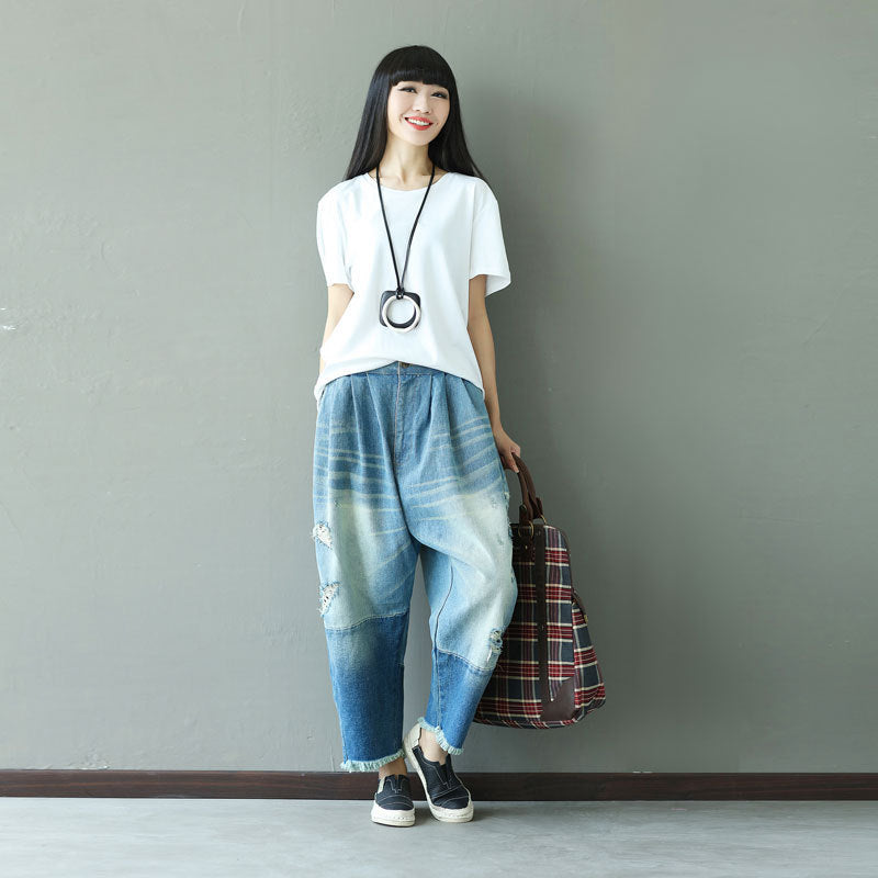 Make Old Ripped Tassel Elastic Waist Jeans