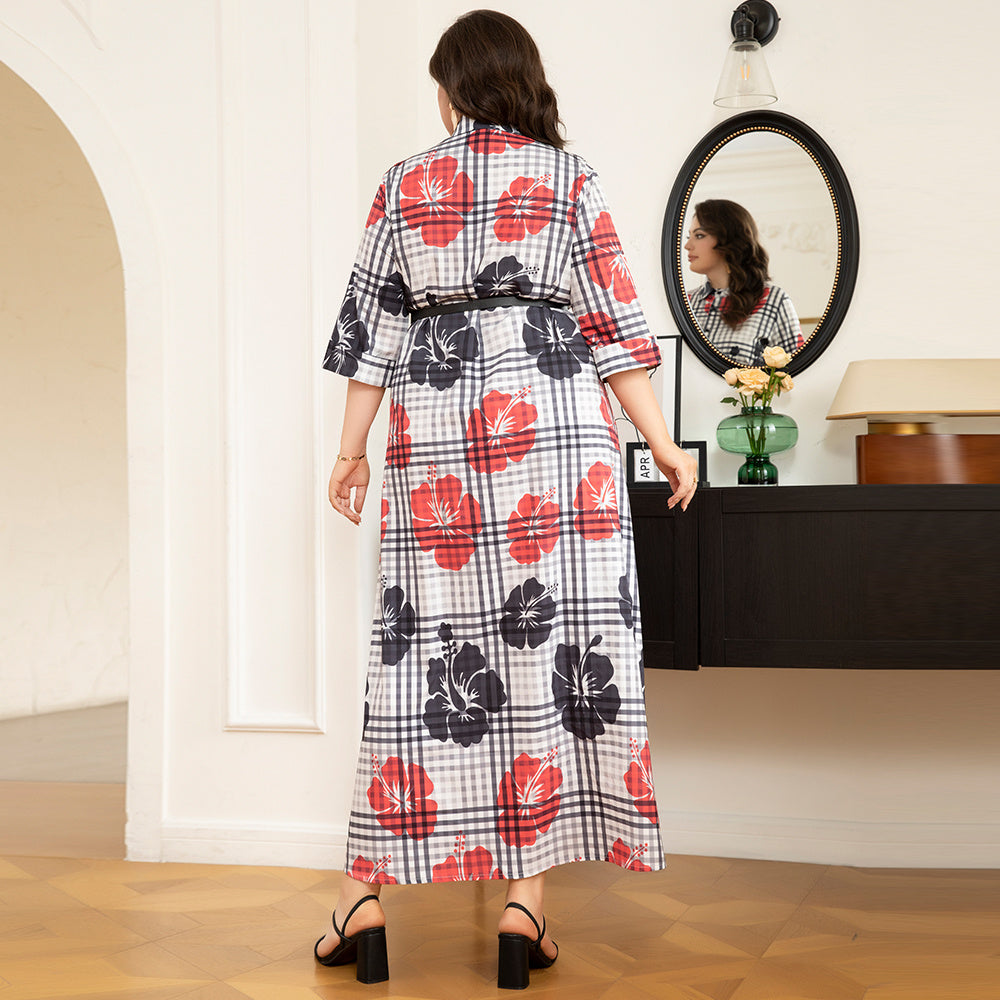 Elegant Style Lapel Flowers Plaid Belt Rolled Cuffs Plus Size Dresses Plaid