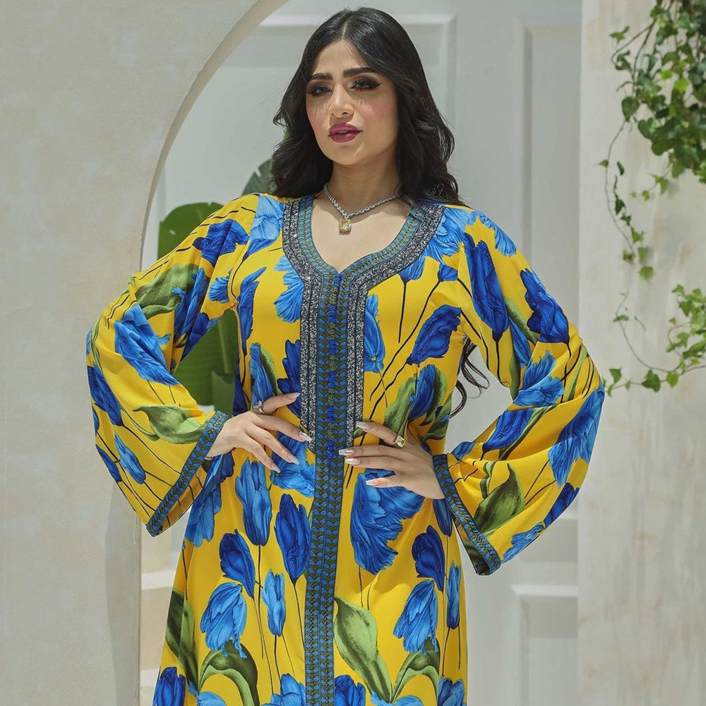 Elegant Style Sweet V-neck Color Contrast Printing Ribbon Flared Sleeve Kaftan
