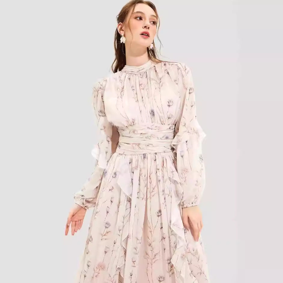 Chiffon Printed Ruffled Long Sleeve Dress