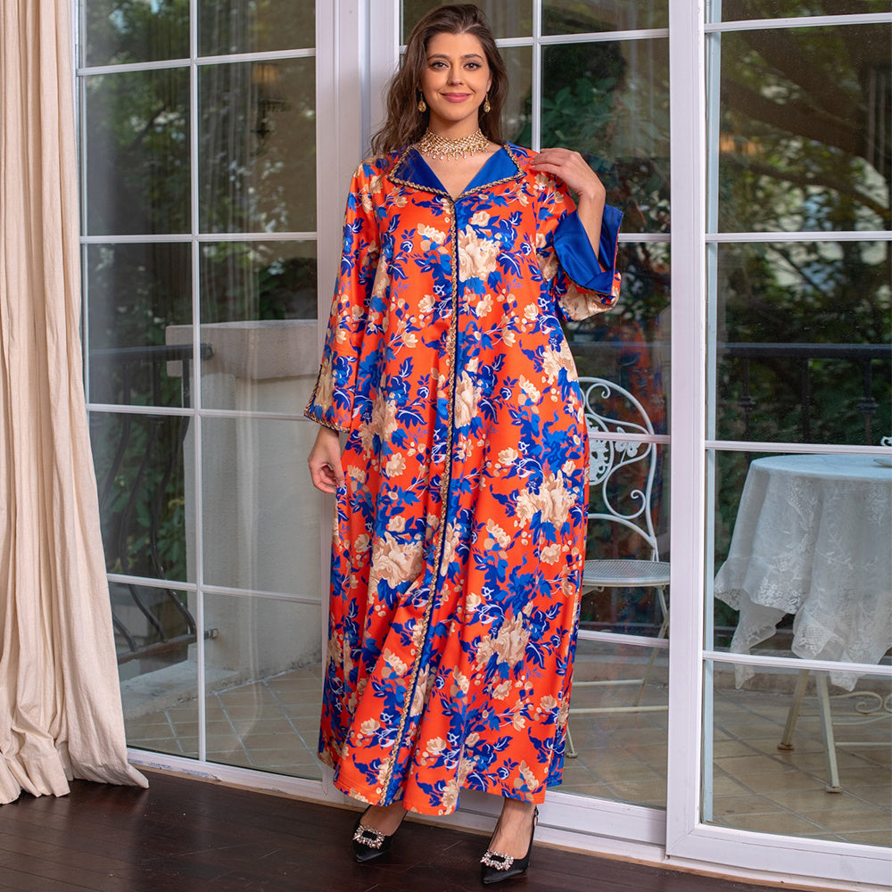 Sweet V-neck Color Contrast Printing Ribbon Splicing Rhinestone Flared Sleeve Kaftan Orange