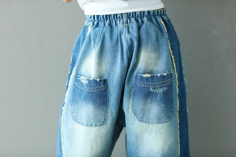Make Old Ripped Tassel Elastic Waist Jeans