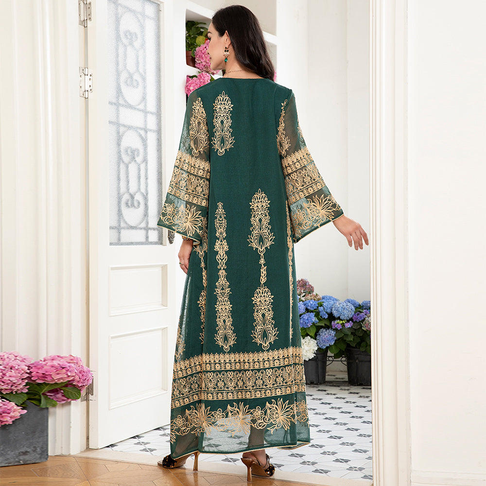 Celebrity Style Elegant Style V-neck Jacquard Flowers Luster Embroidery Applique Flared Sleeve Kaftan