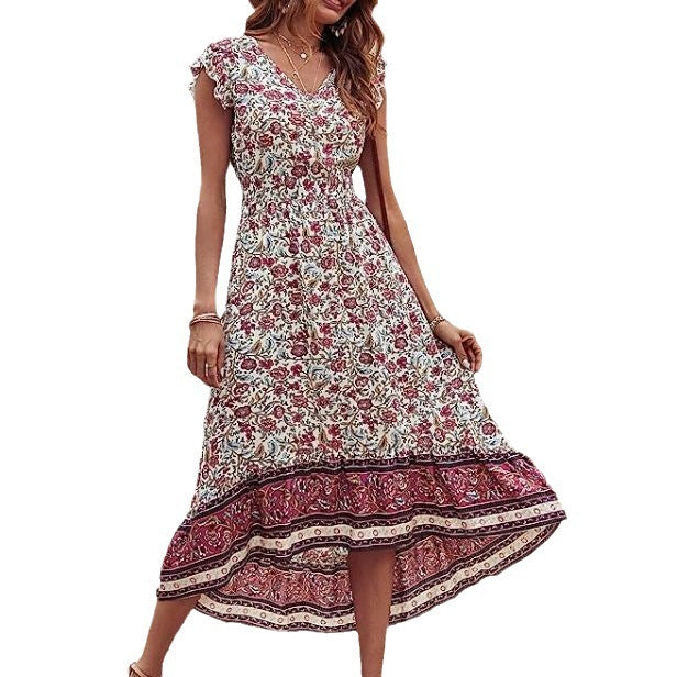 Loose V-neck Flounce Dress Women