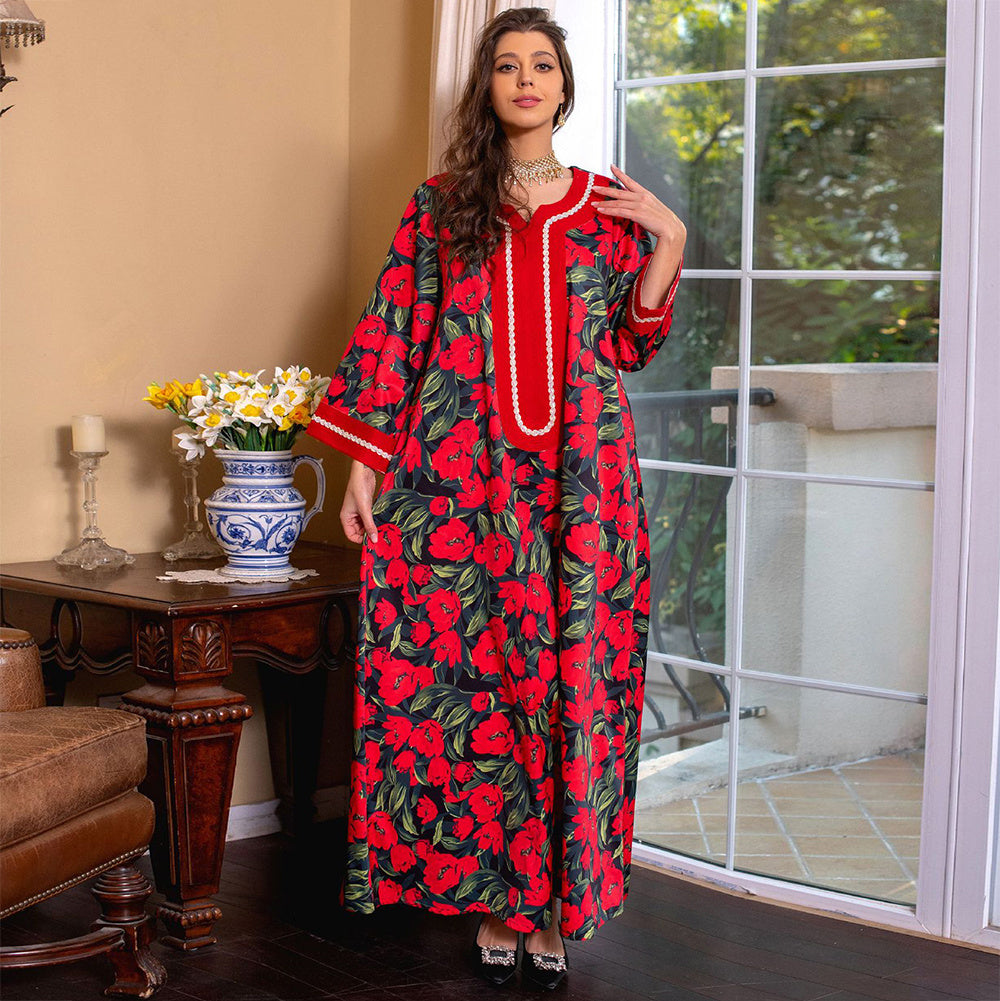 Sweet V-neck Color Contrast Ribbon Splicing Flared Sleeve Kaftan
