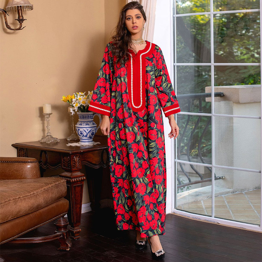 Sweet V-neck Color Contrast Ribbon Splicing Flared Sleeve Kaftan