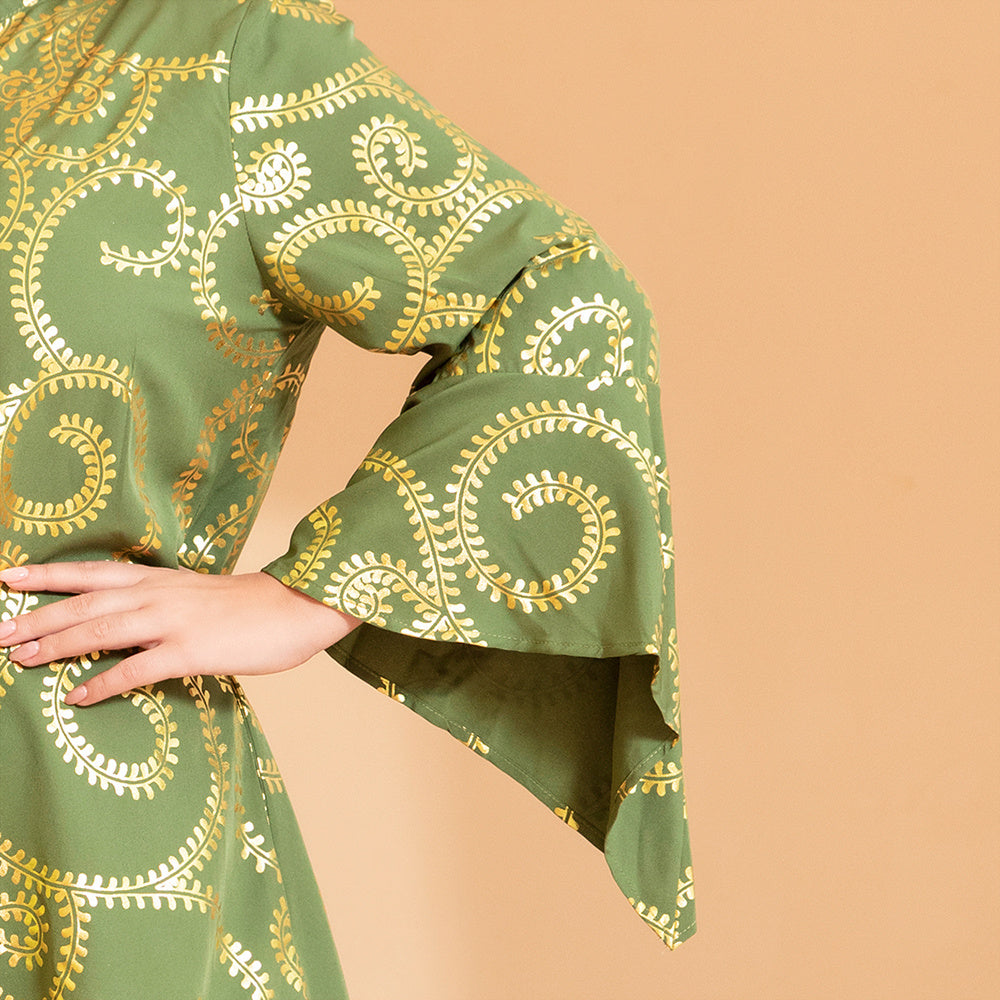 Elegant Style V-neck Plant Gilding Splicing Flared Sleeve Plus Size Dresses Green