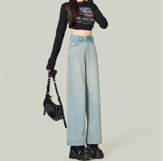 Small Loose Slim Retro Blue High Waist Nine Points Straight Jeans