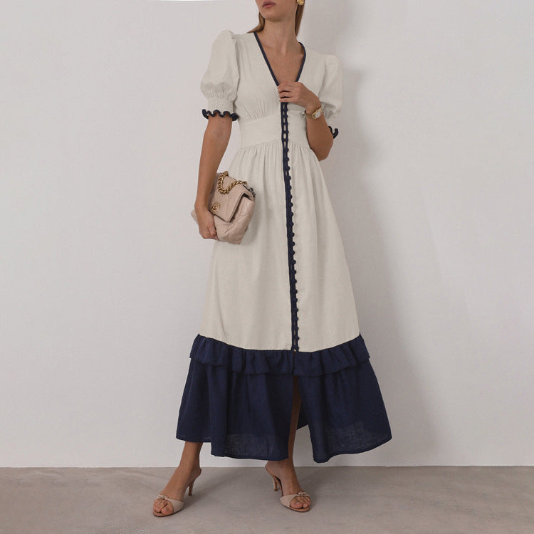 Linen Contrast Color Cardigan Dress
