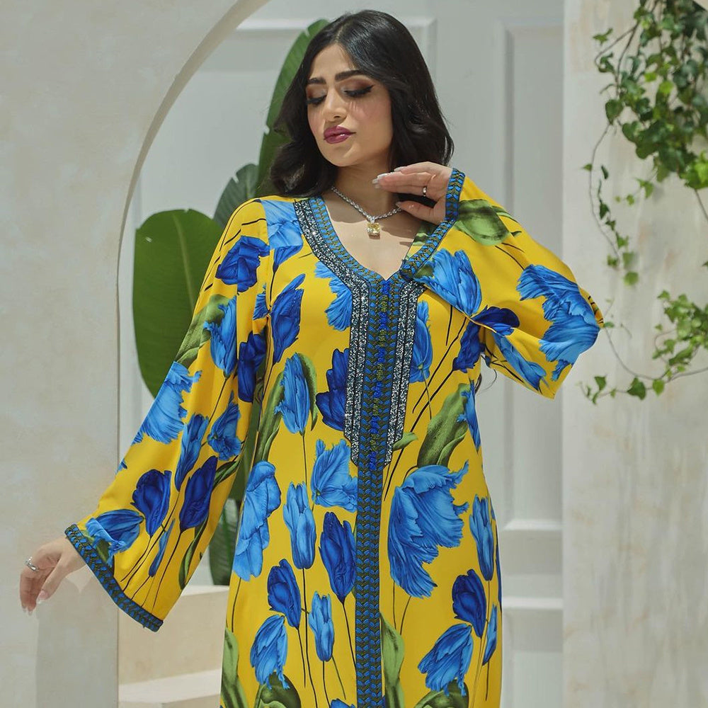Elegant Style Sweet V-neck Color Contrast Printing Ribbon Flared Sleeve Kaftan