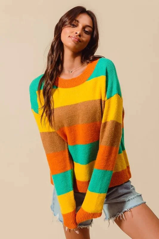 SO ME Multi Color Stripe Sweater with Ribbed Detail-4