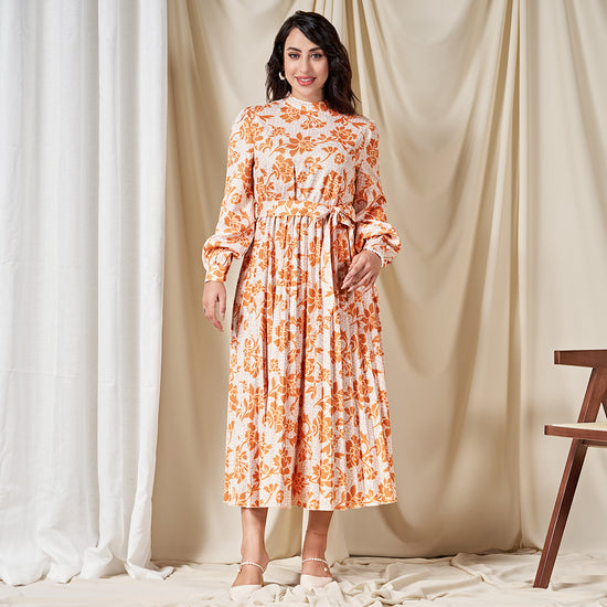 Sweet High Collar Flowers Pleated Belt Shirt Sleeve Mid Dresses