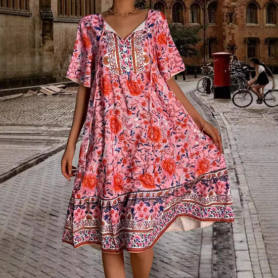Small Floral V-neck Loose Casual Bohemian Vacation Style Dress