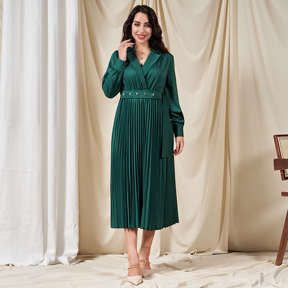 Dignified Style Suit Collar Solid Color Pleated Buttons Shirt Sleeve Mid Dresses
