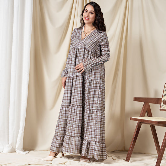Classical V-neck Plaid Splicing Flared Sleeve Long Dresses Coffee