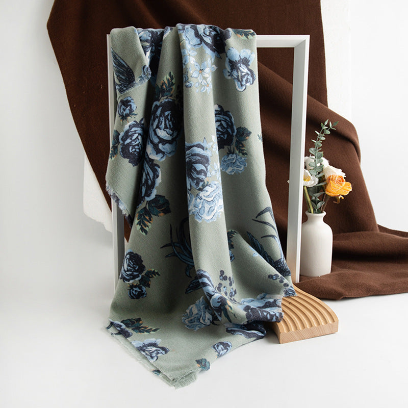 Cashmere-like Tassel Shawl Rose Print Cold-proof Warm Scarf