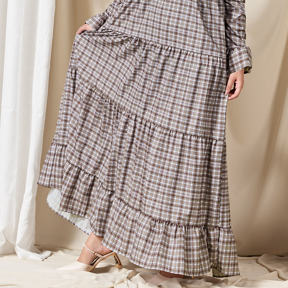 Classical V-neck Plaid Splicing Flared Sleeve Long Dresses Coffee