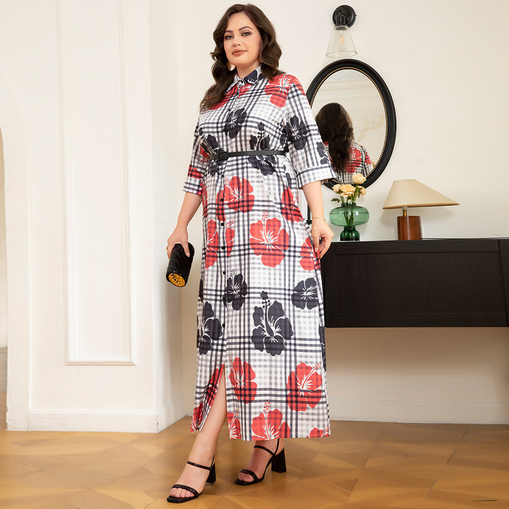 Elegant Style Lapel Flowers Plaid Belt Rolled Cuffs Plus Size Dresses Plaid