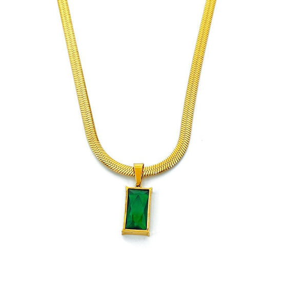 Style Unique Design Blade Chain Luxury Emerald Zircon Pendant Titanium Steel Necklace for Women