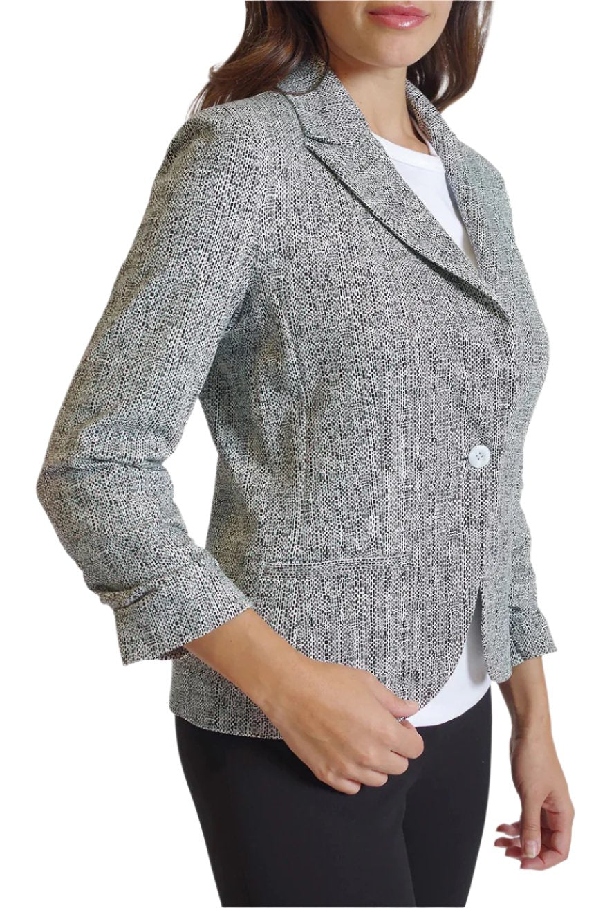 Peace of Cloth One Button Closure Ruched 3/4 Sleeve Welted Pockets Multi Print Crepe Jacket-0