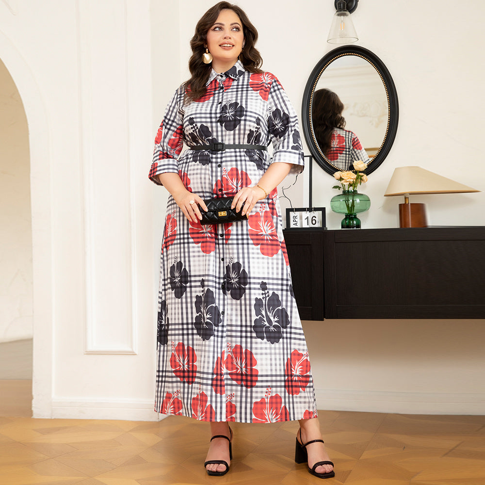 Elegant Style Lapel Flowers Plaid Belt Rolled Cuffs Plus Size Dresses Plaid