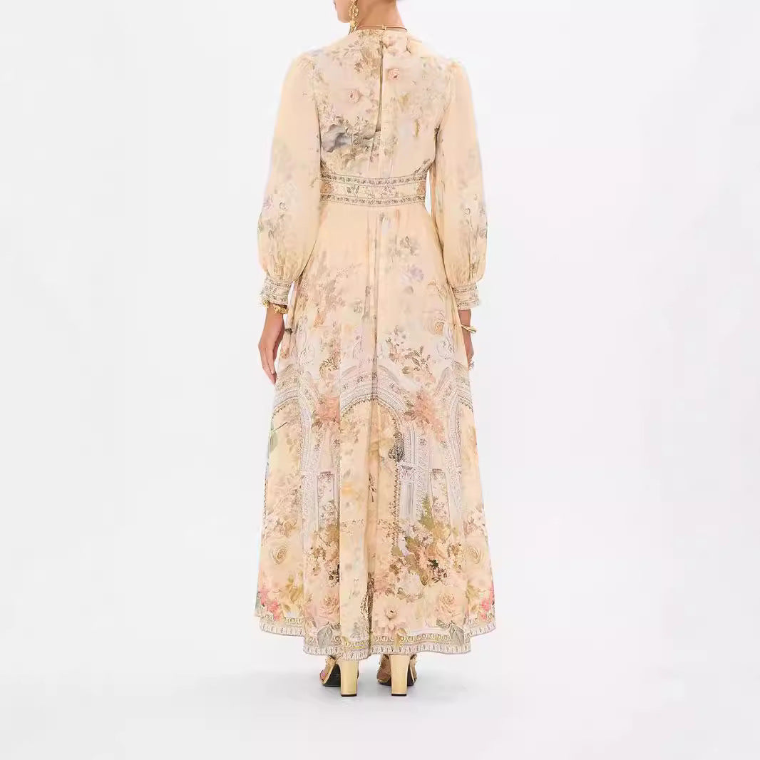 Printed V-neck Long-sleeved Bubble Sleeve Waist Women's Clothing Dress