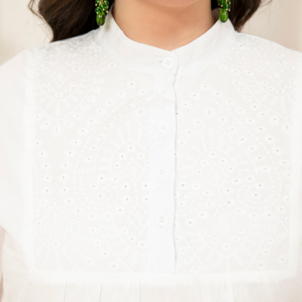 Elegant Style High Collar Solid Color Embroidery Splicing Lantern Sleeve Plus Size Dresses White