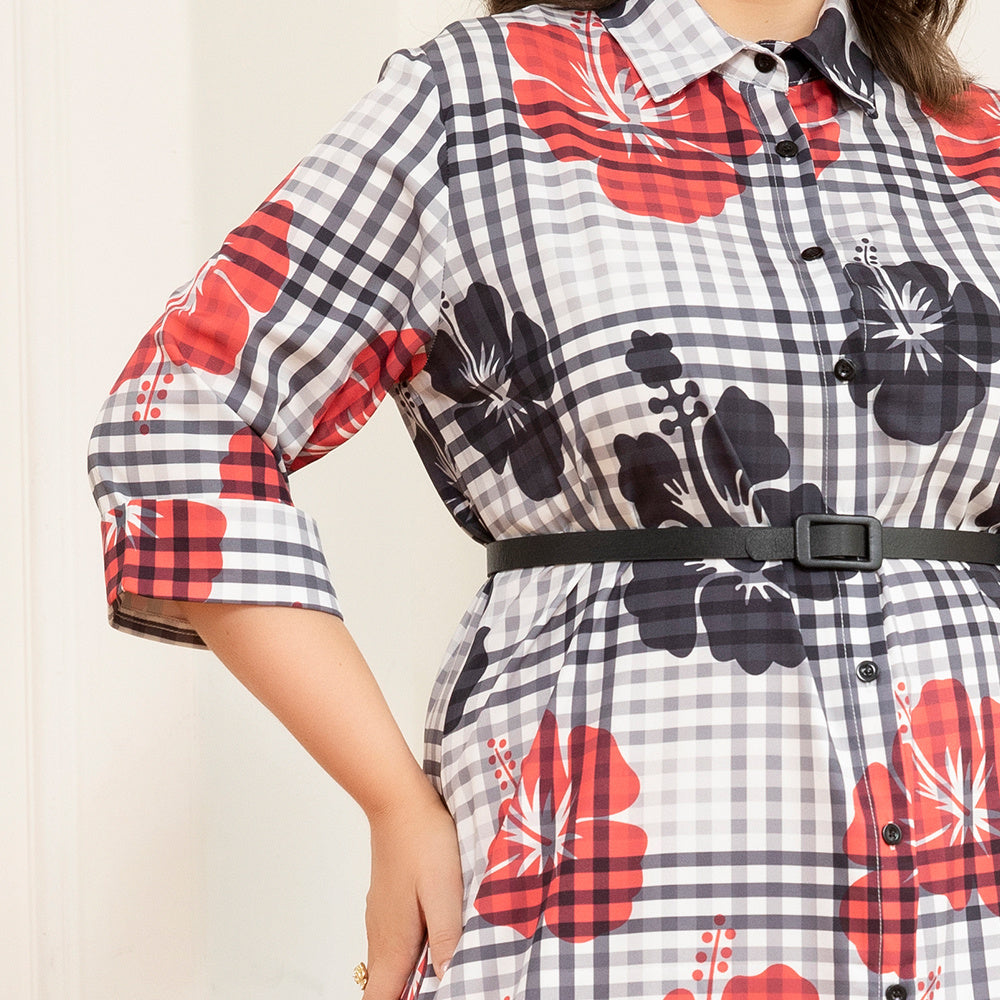 Elegant Style Lapel Flowers Plaid Belt Rolled Cuffs Plus Size Dresses Plaid