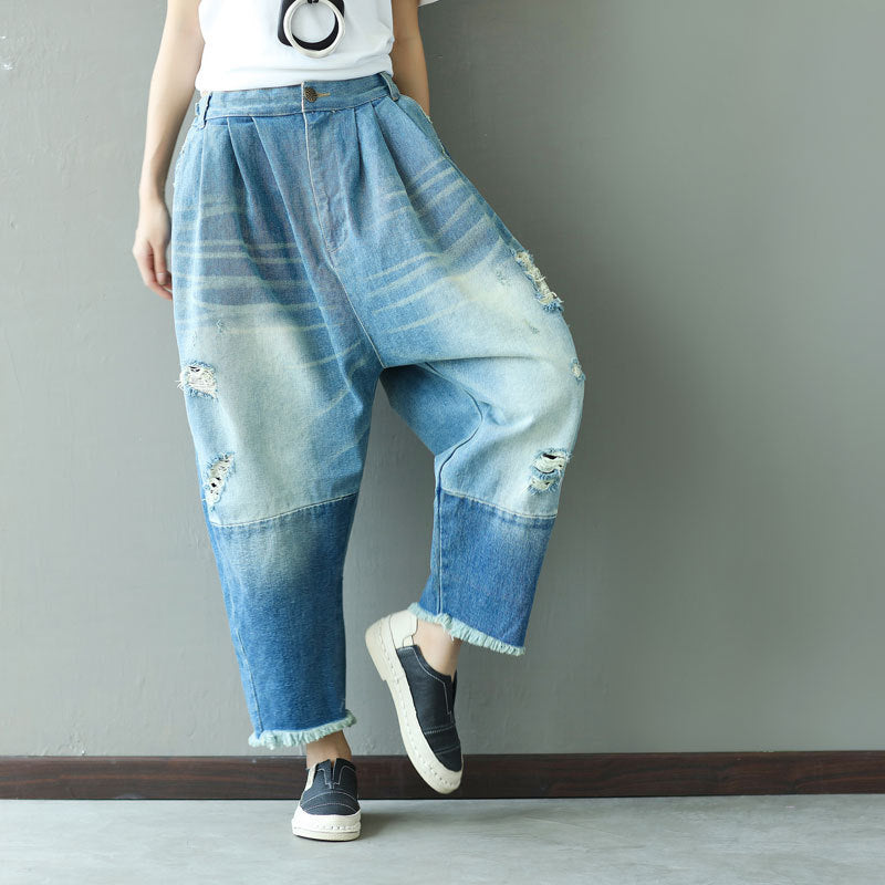 Make Old Ripped Tassel Elastic Waist Jeans