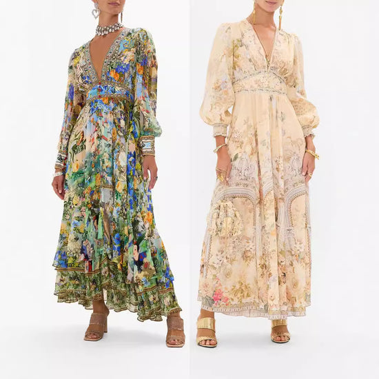 Printed V-neck Long-sleeved Bubble Sleeve Waist Women&